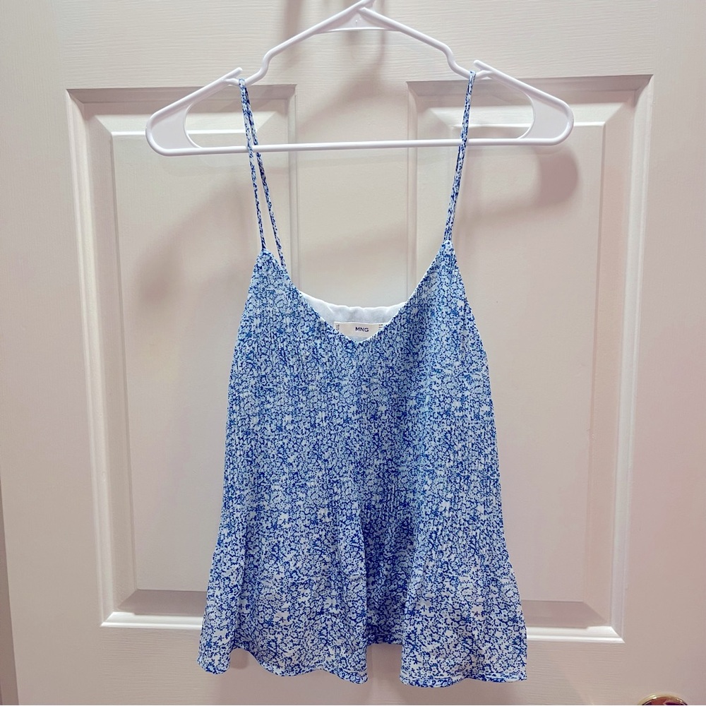 MNG Mango - spaghetti strap tank top cami - pleated blue floral oversized XS